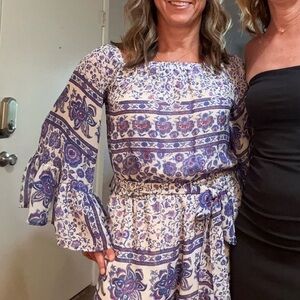 On The Road Blue Floral Ruffle Romper Shorts Jumpsuit Small